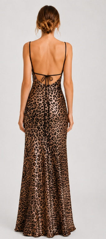 Leopard Cowl Neck Backless Maxi Dress
