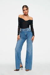 Off Shoulder Mesh Splicing Long Sleeve Bodysuit