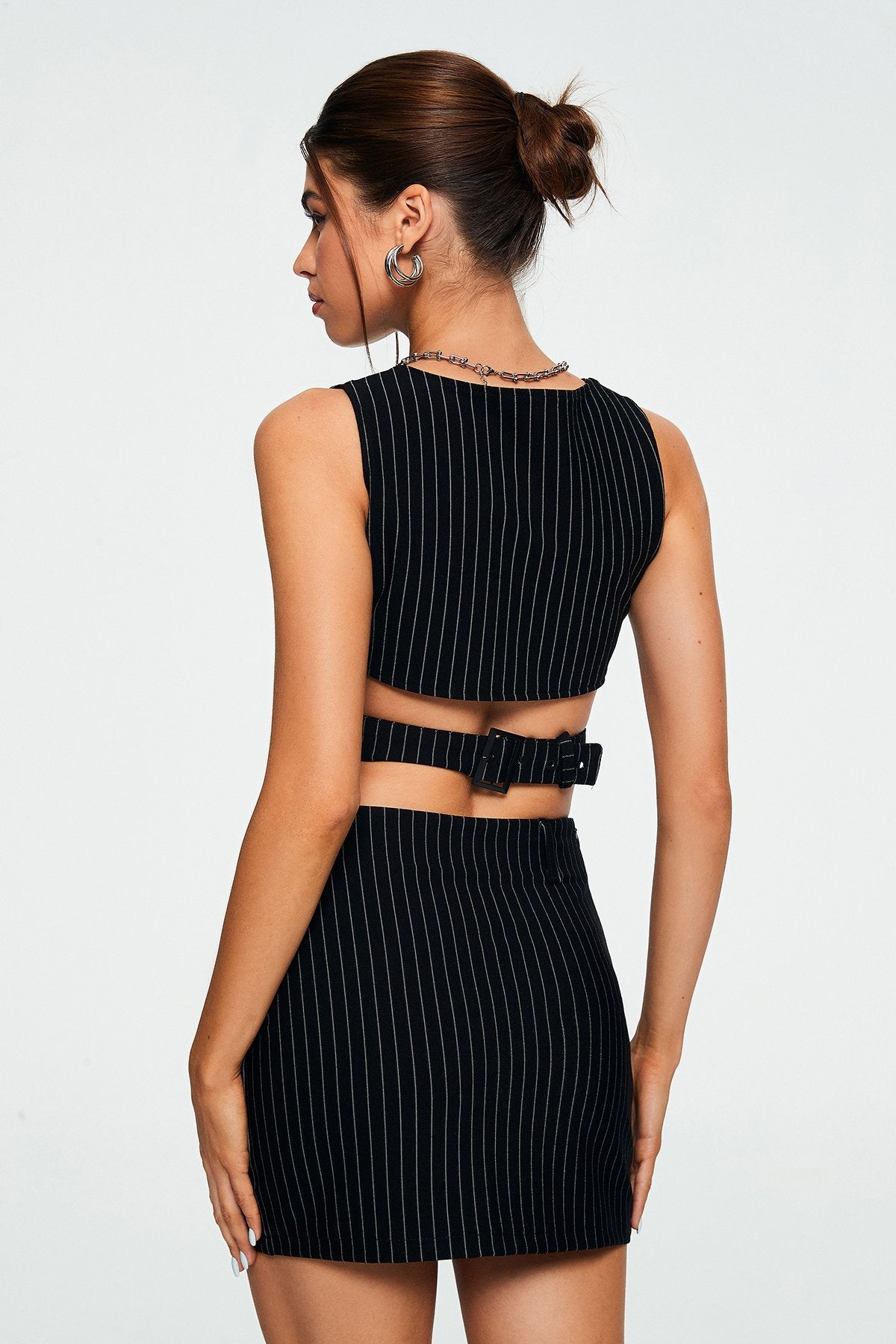 Striped Print Split Hem Buckled Detail Crop Top