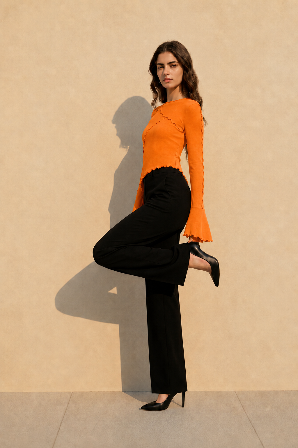 Solid Mock Neck Paneled Ruffled Long Sleeve Tee