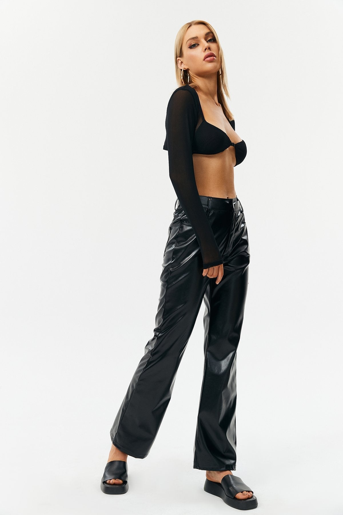 Plunging Neck Buckle Detail Long Sleeve Top