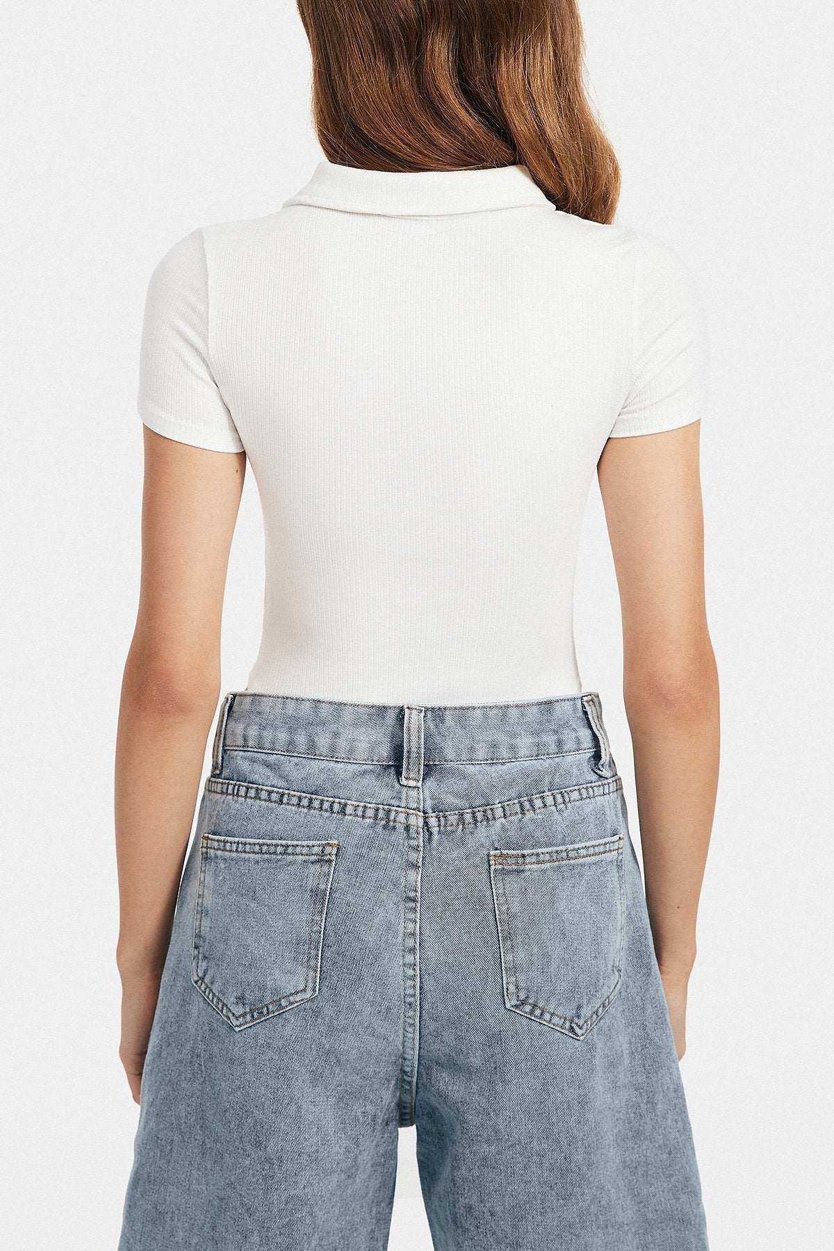 Lapel Neck Cut Out Short Sleeve Solid Bodysuit