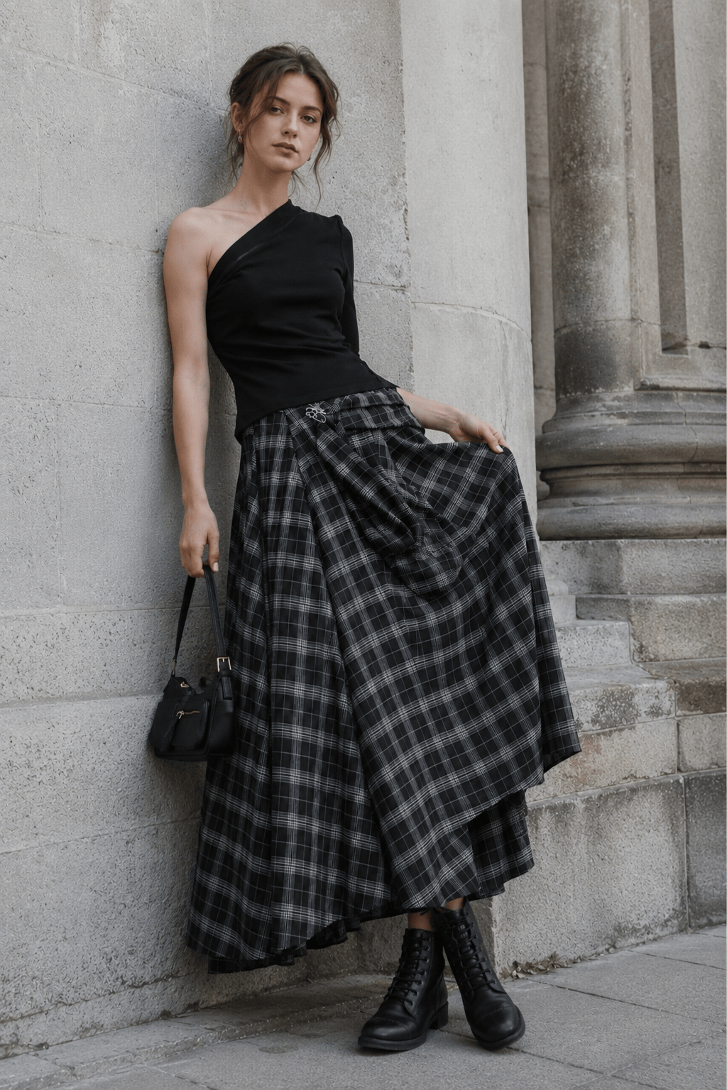 Asymmetrical Black White Plaid Slim-Fit Skirt