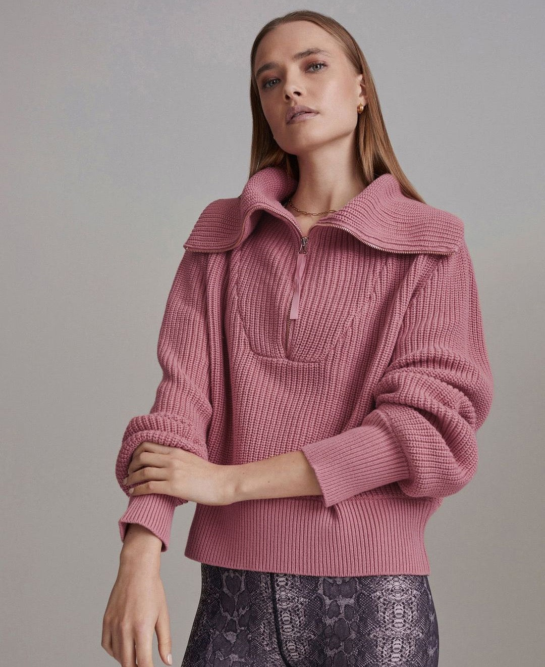 Wide Collar Half Zip Long Sleeve Sweater