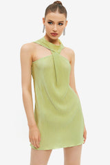 Twist Front Lettuce Trim Ruched Mini Dress
