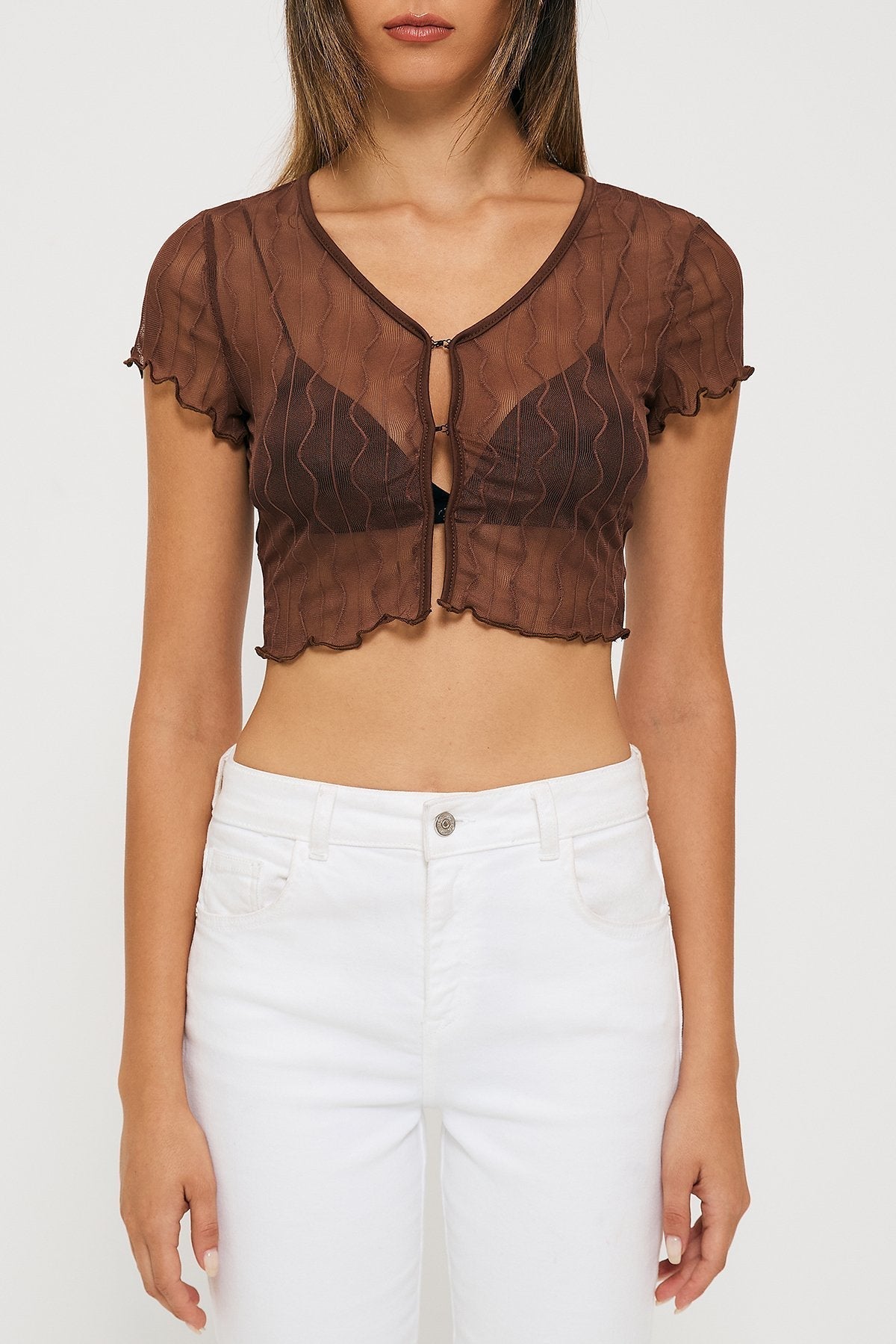 Lettuce Trim Hook And Eye Mesh Textured Crop Top With Bra