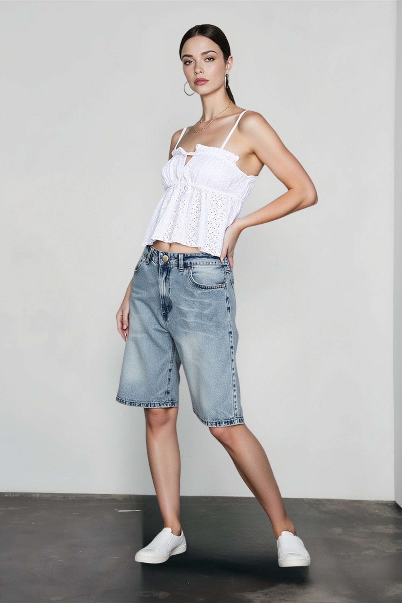 White Jacquard Cropped Cami Top