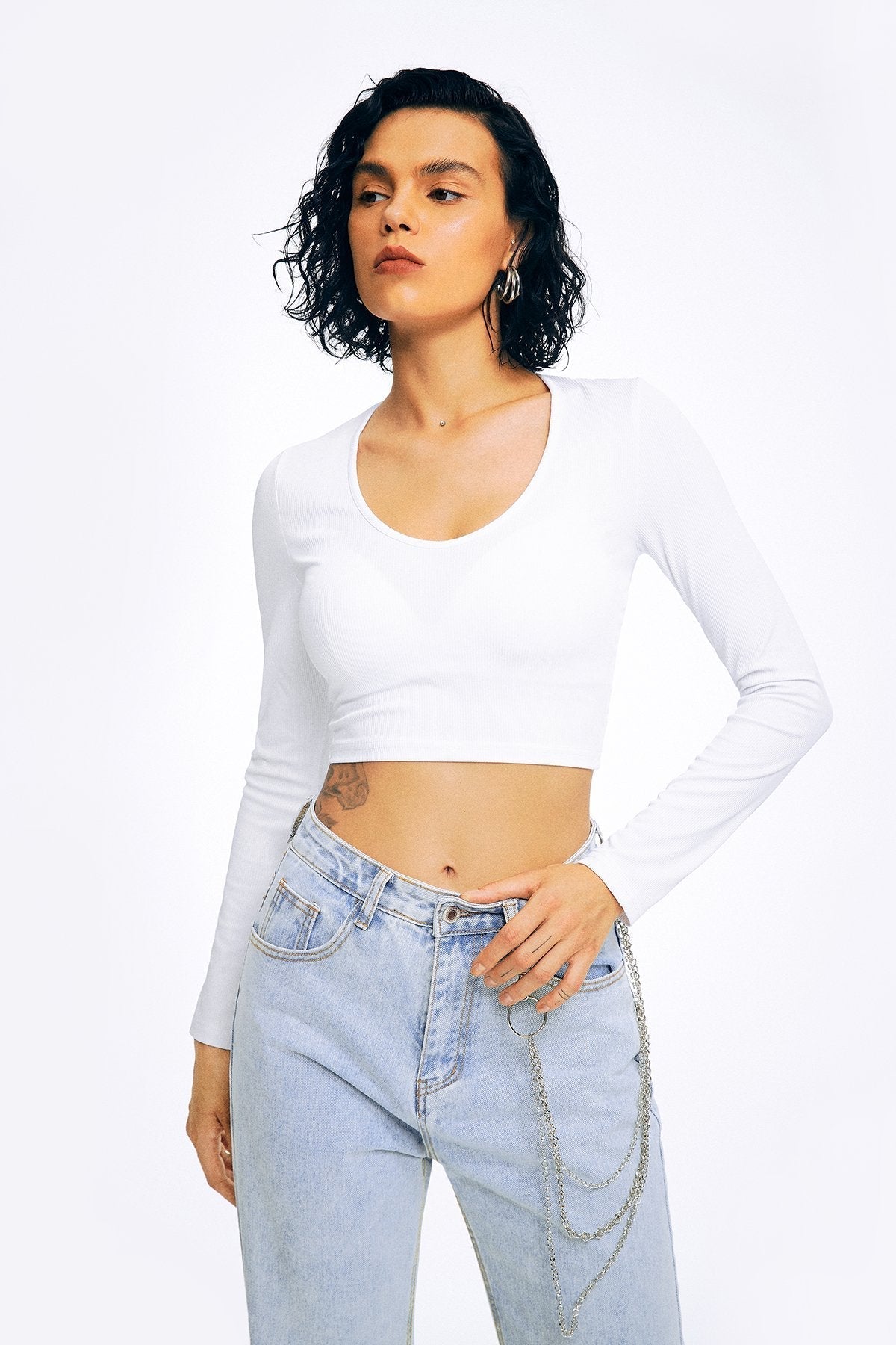Basic Solid Ribbed Crop Long Sleeve Top
