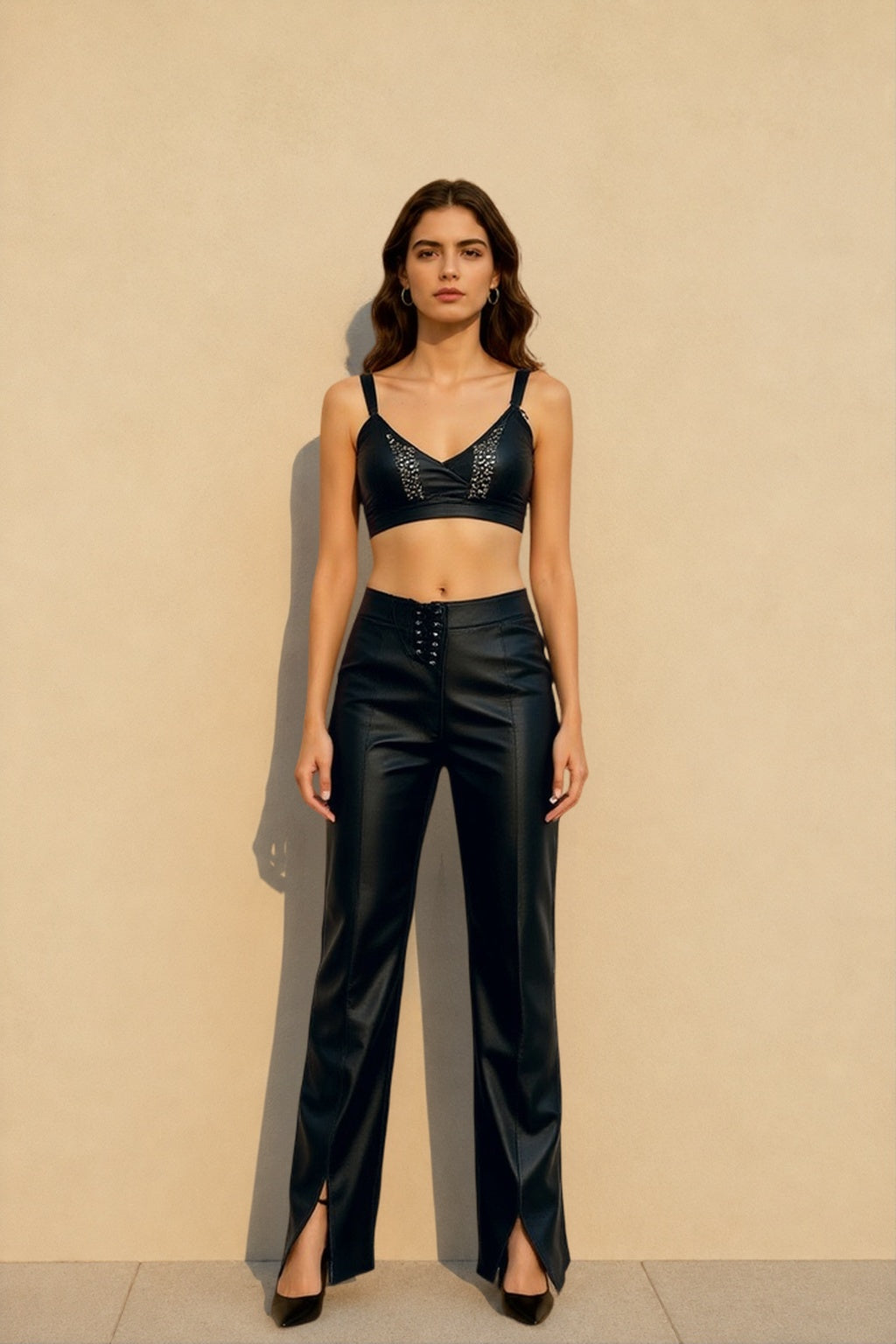 Low Waist PU Leather Slim Lace Up Hem Split Floor-Length Clubwear Pants