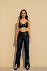 Low Waist PU Leather Slim Lace Up Hem Split Floor-Length Clubwear Pants