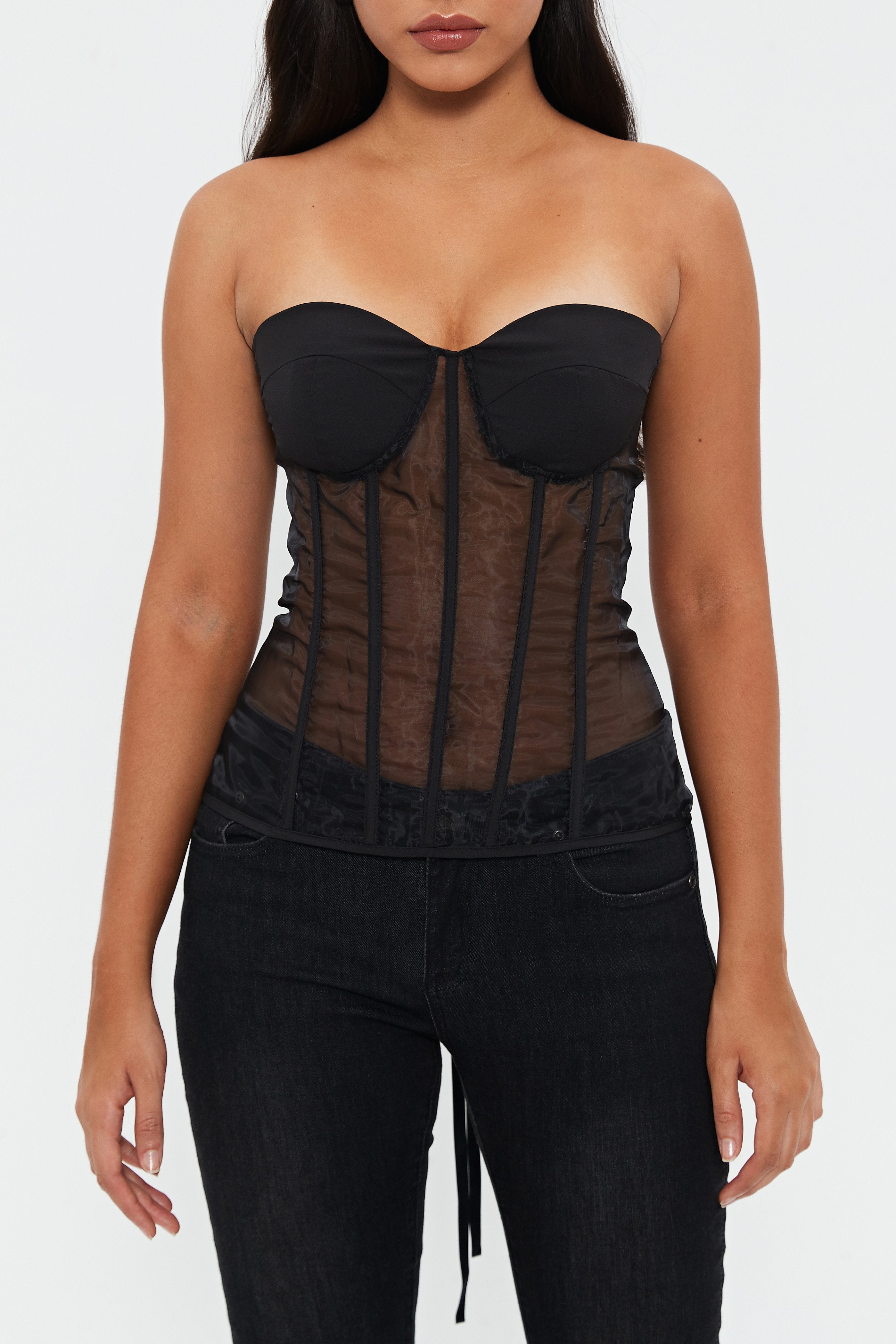 Off Shoulder Lace Up Mesh Splicing Boning Crop Top