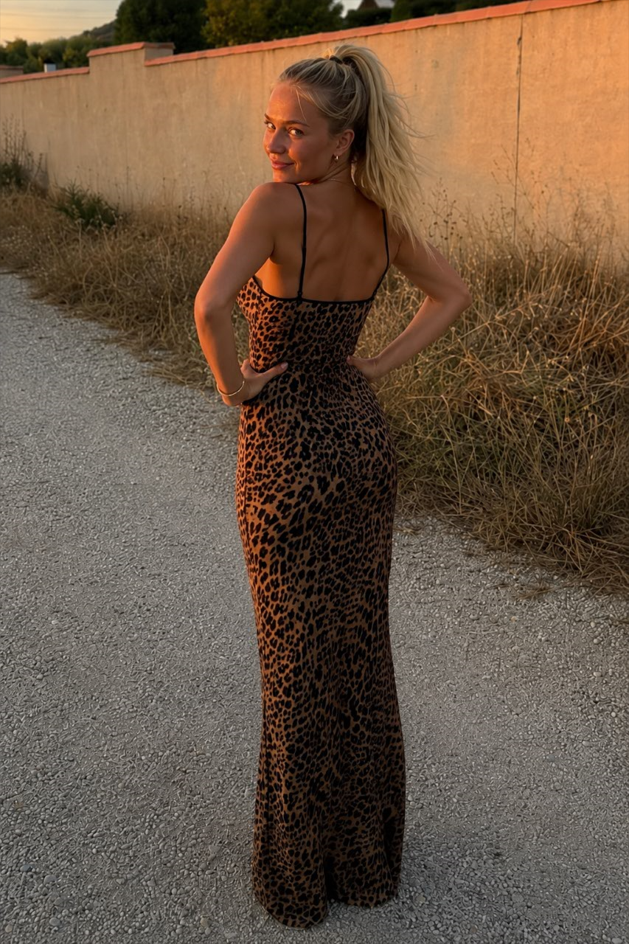 Leopard Off Shoulder Tie Back Maxi Dress