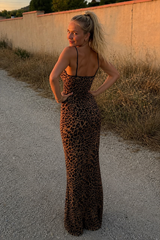 Leopard Off Shoulder Tie Back Maxi Dress