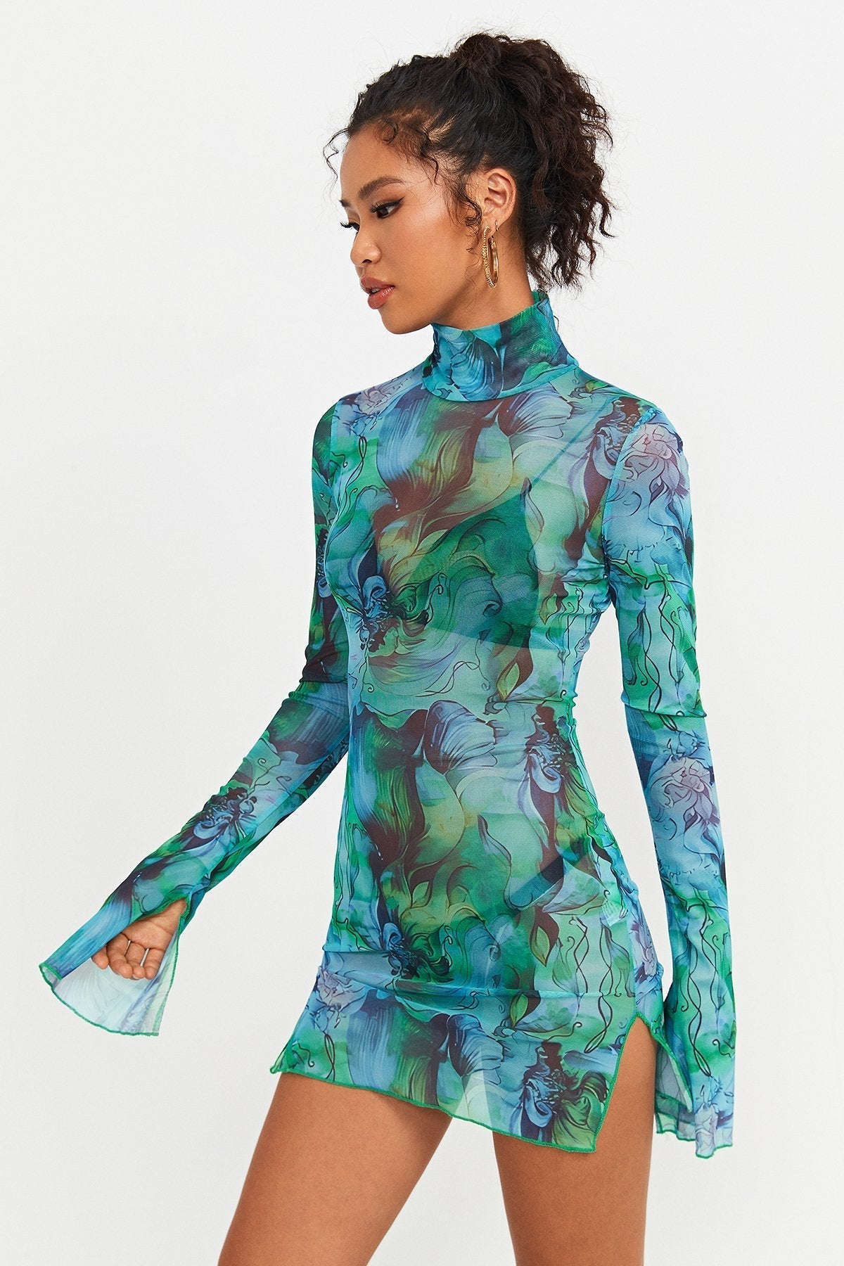 Abstract Print Split Hem Mesh Long Sleeve Mini Dress Without Underwear