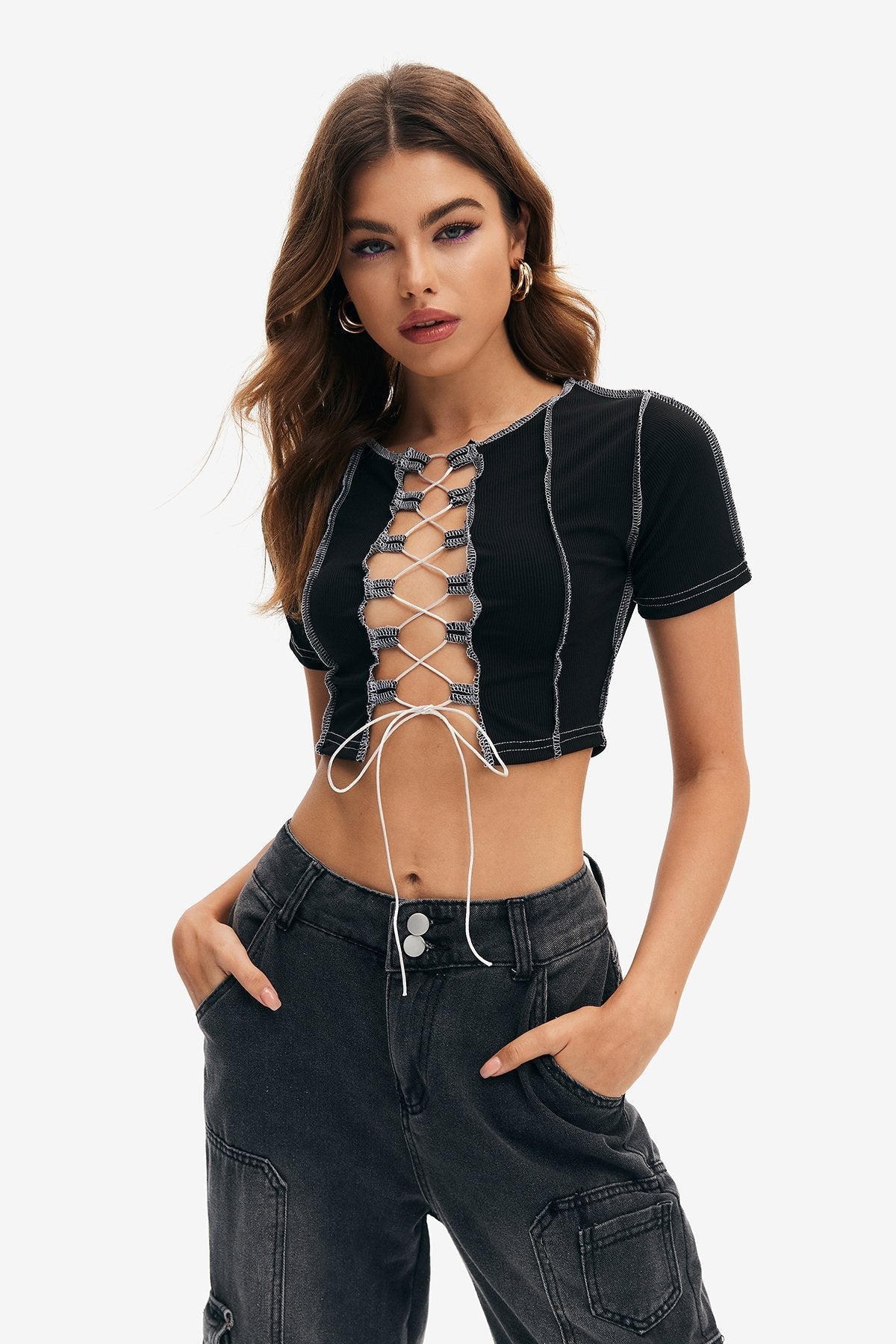 Lace Up Short Sleeve Seam Detail Crop Top