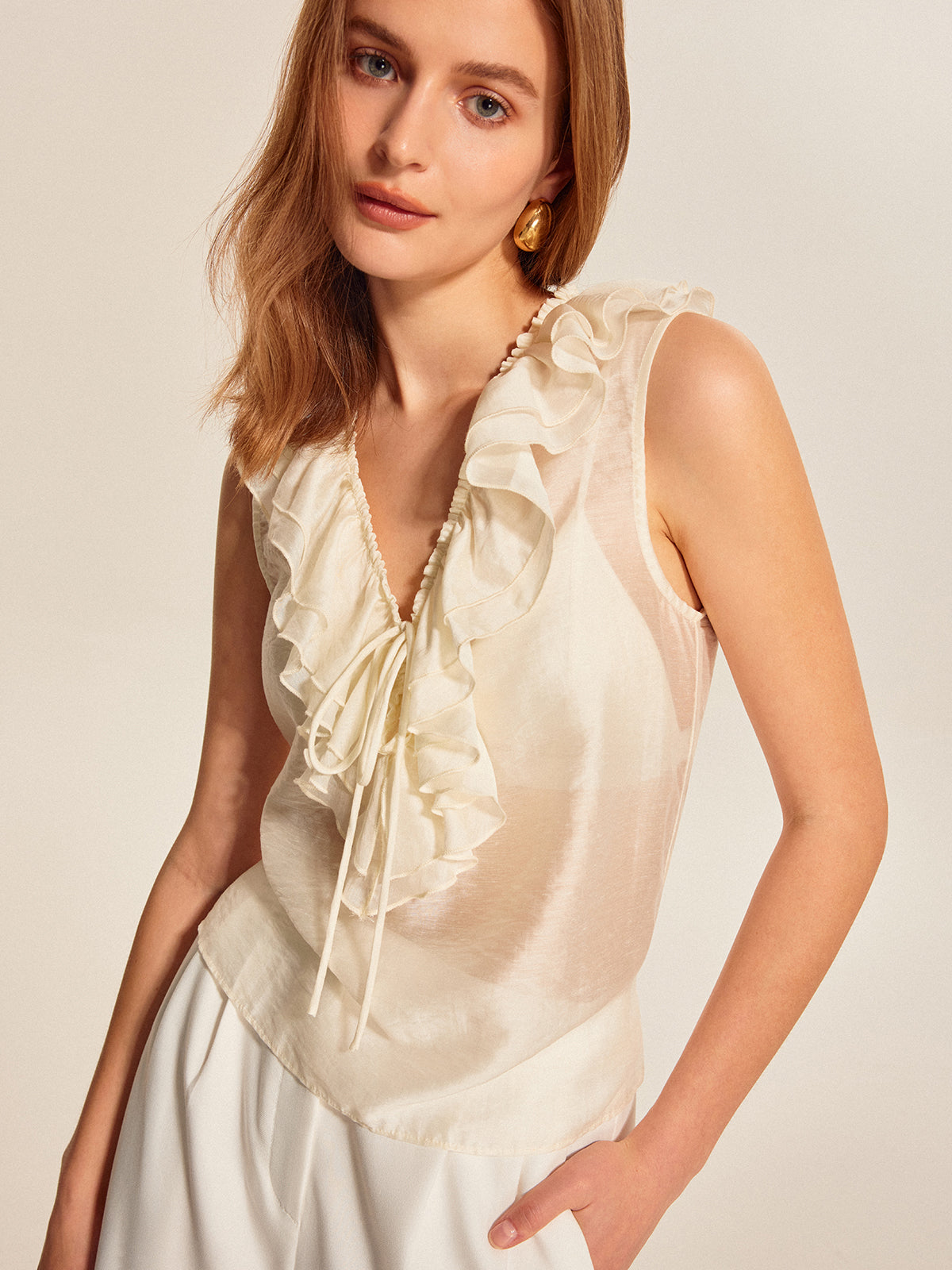 Semi-Sheer Ruffled Tie-Front Top