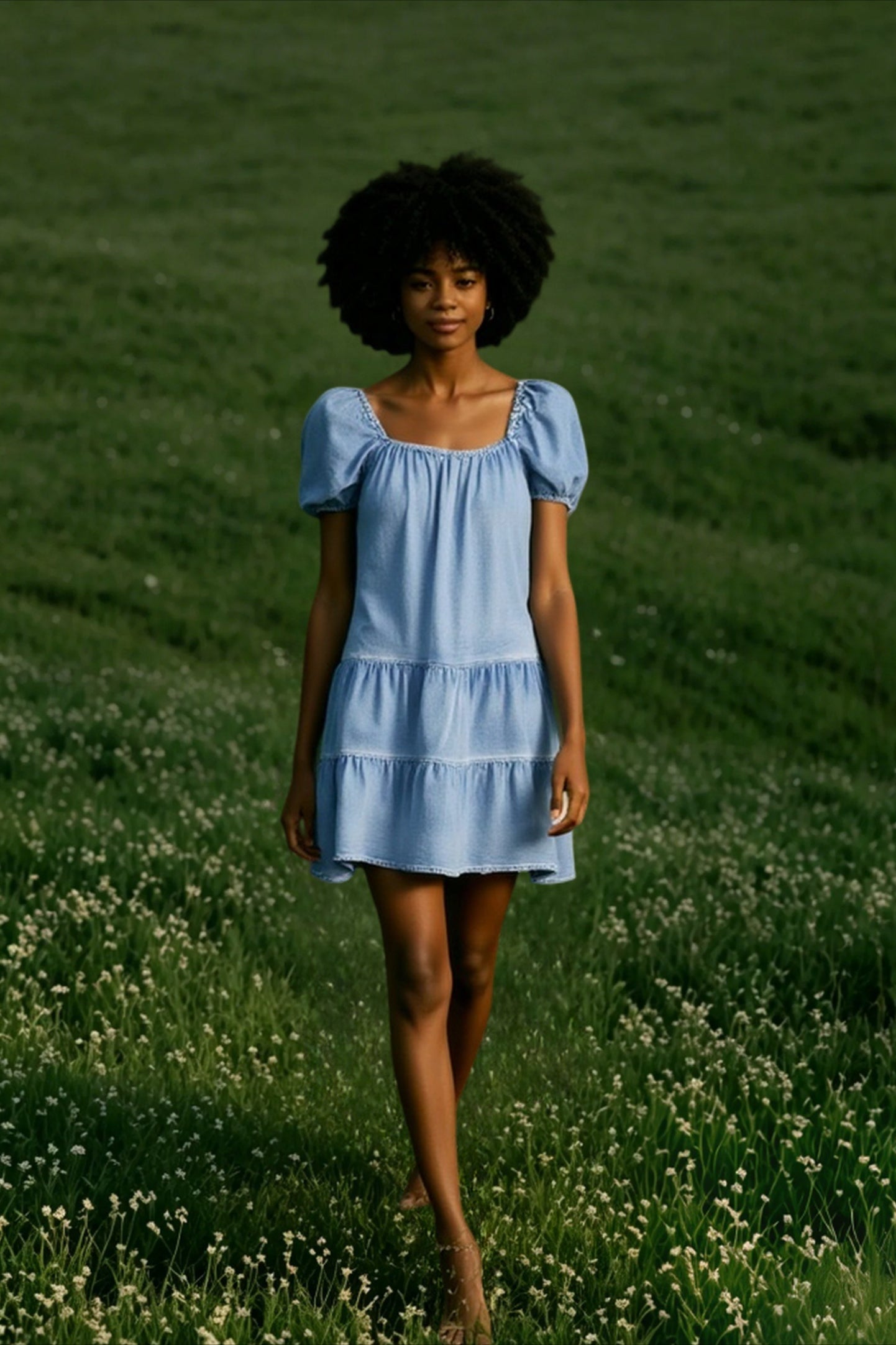 Short Sleeve Tiered Denim Dress