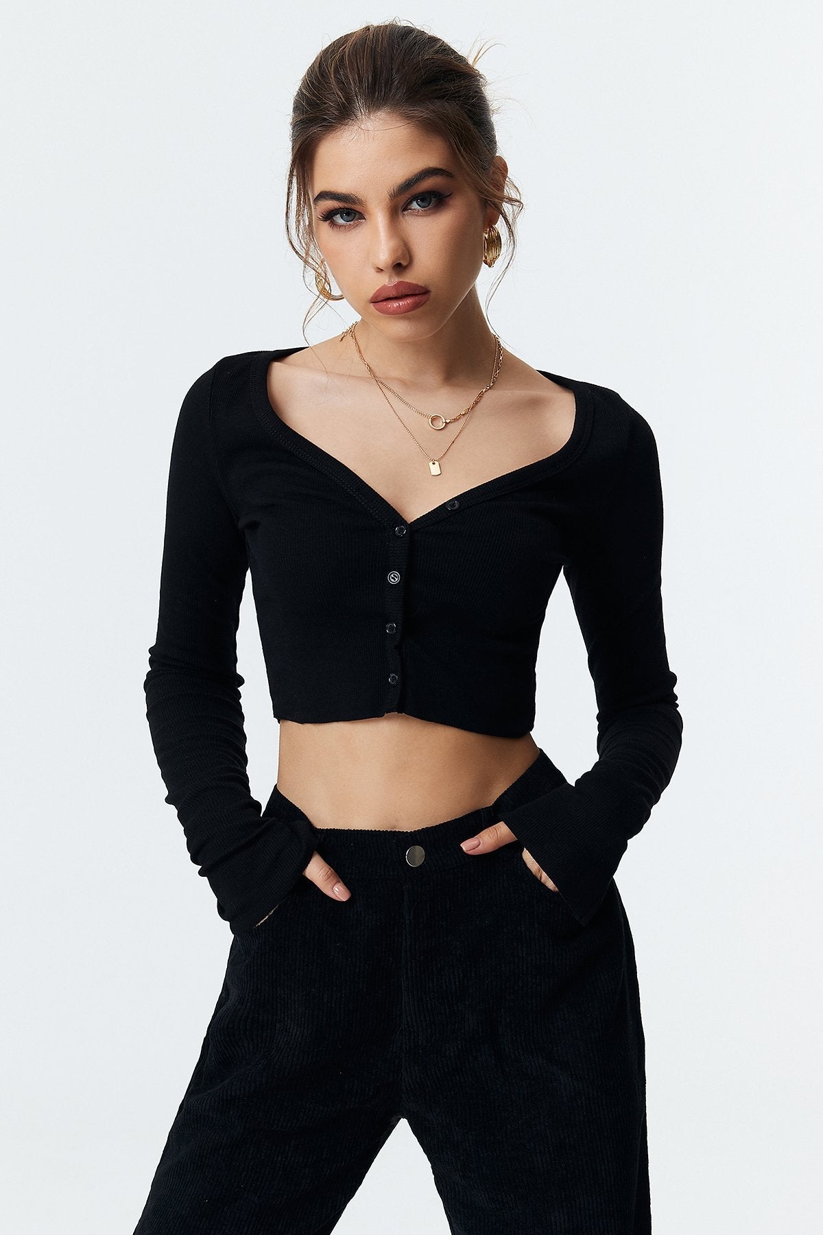 Slit Cuff Crop Long Sleeve Blouse