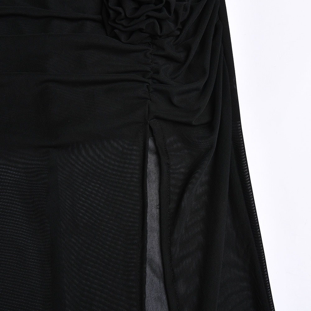 Slinky Jersey Ruched Cut-Out Midaxi Dress in Black