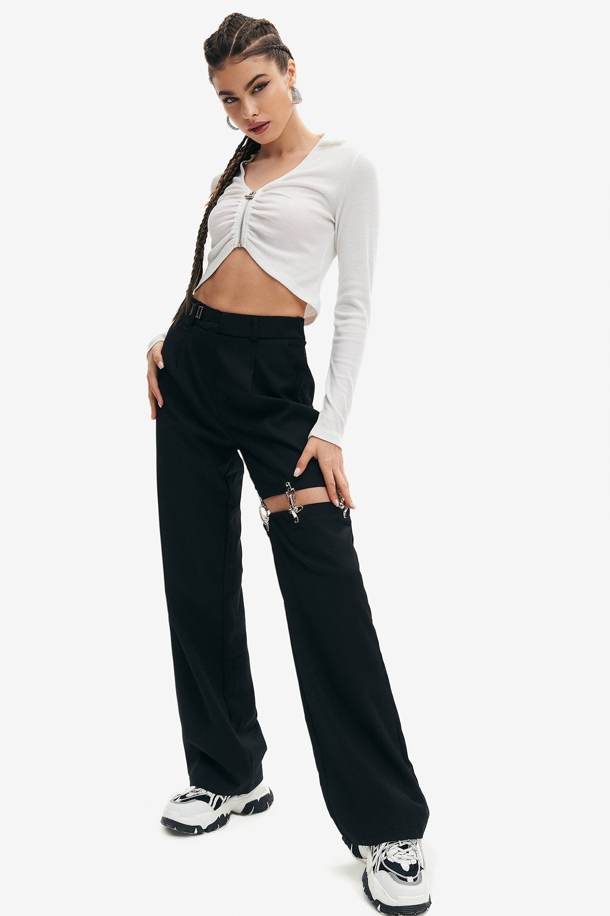 Chain Detail Cut Out Straight Pants