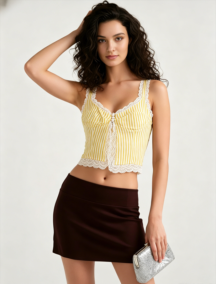 Sexy Ruffled Stripe Lace Tank Top