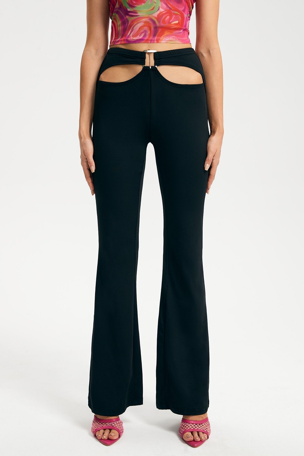 Cut Out Buckle Decor High Waist Flared Pants