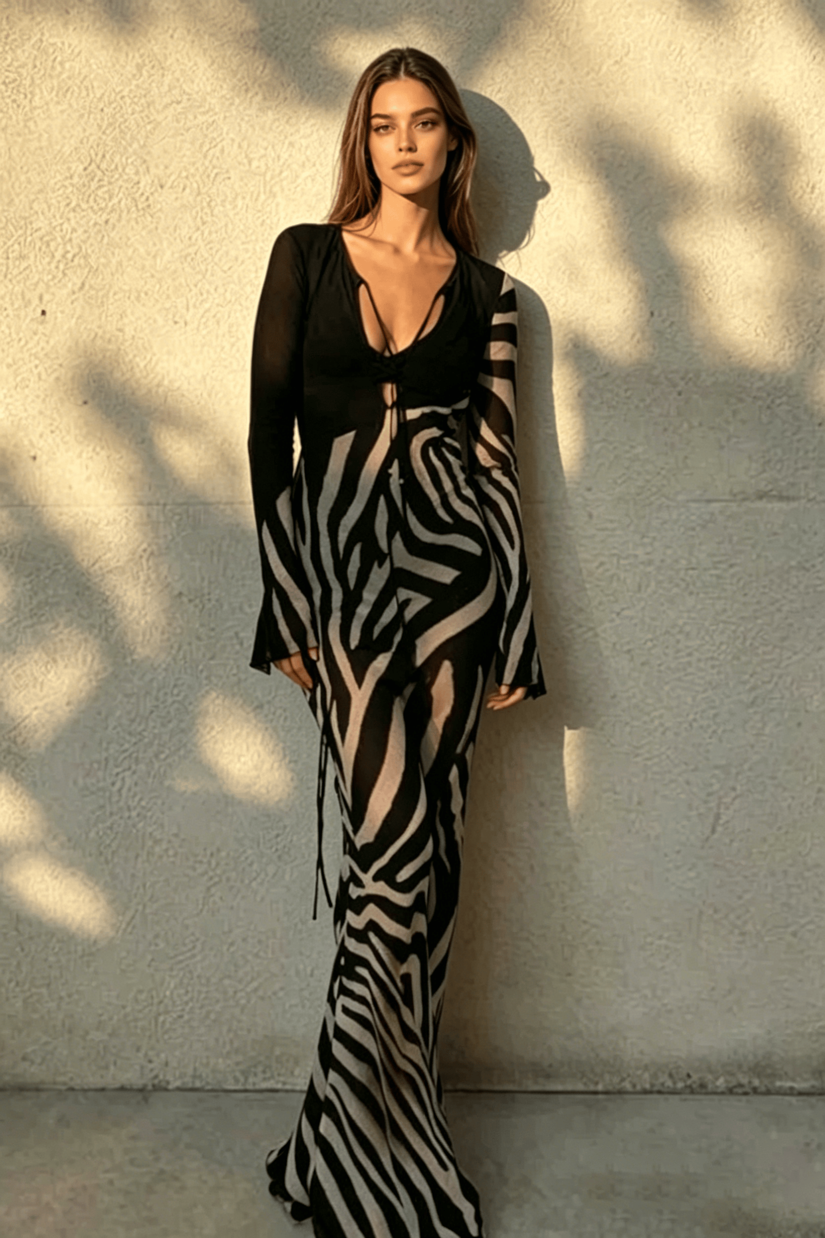 Chiffon V-Neck Slim Fit Long Sleeve Maxi Dress