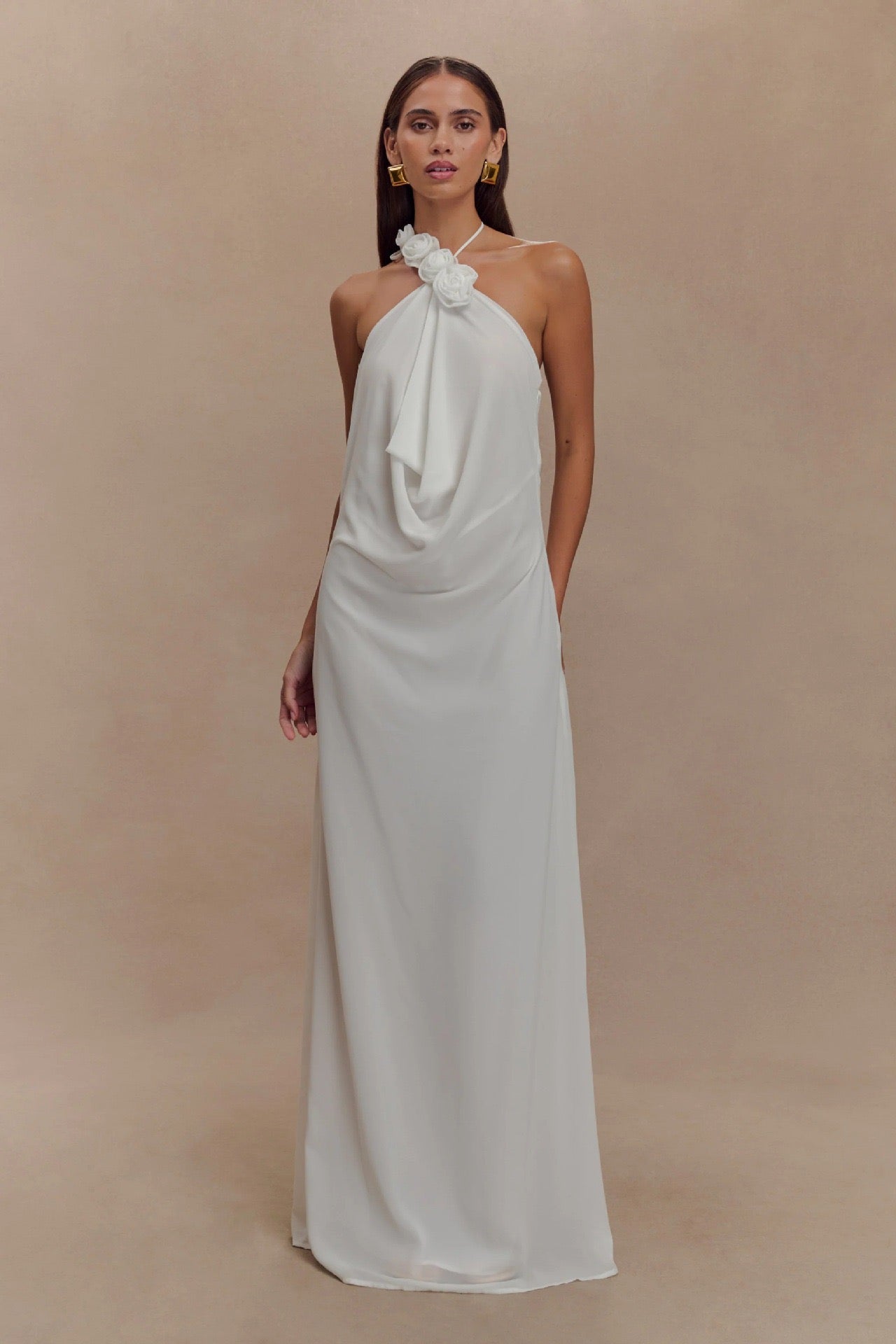 Satin Rosette Decor Halter Long Dress
