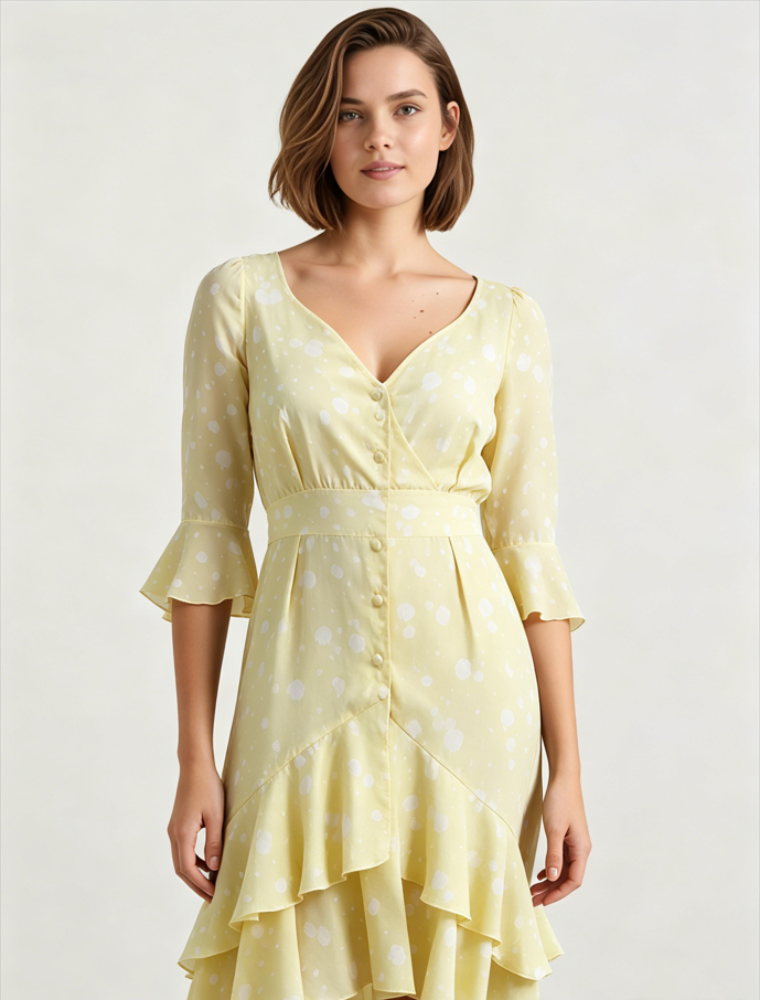 Asymmetric Ruffled Sleeve High Waist Floral Dress