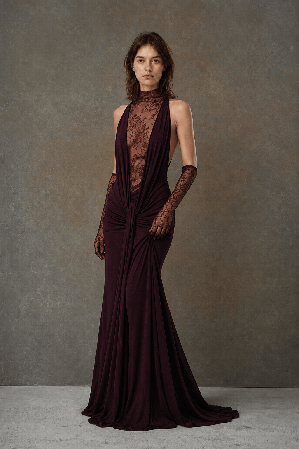 Lace Panel Halterneck Deep V Ruched Party Dress