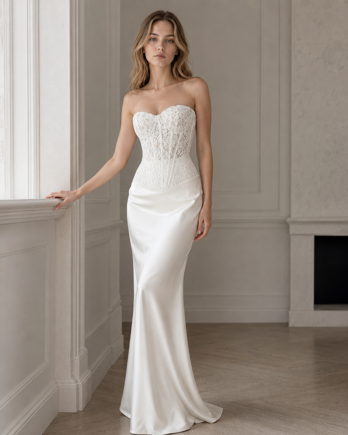Vintage Lace Strapless Boned Solid Fitted Bodycon Maxi Dress