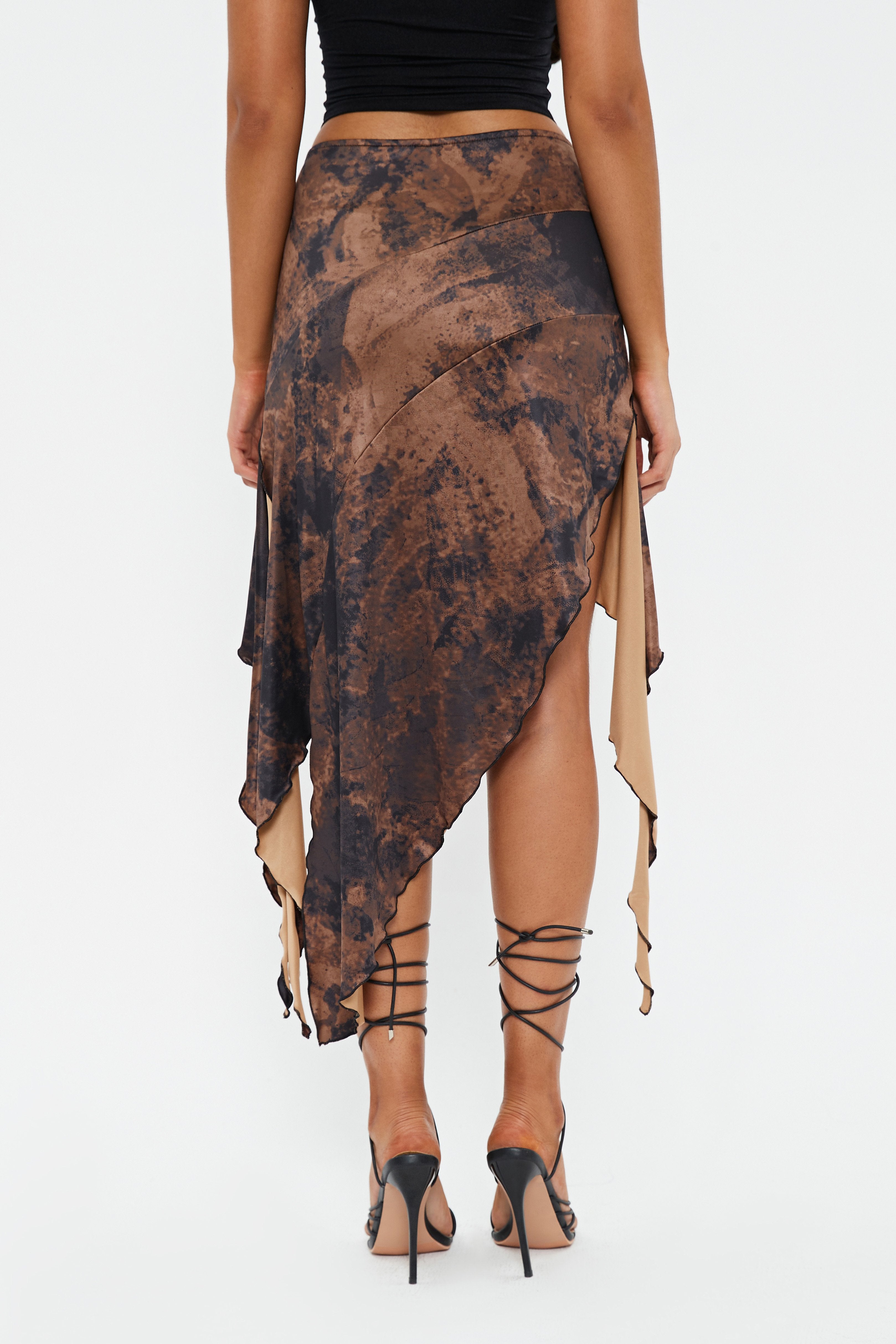Lace Up Abstract Print Asymmetrical Hem Midi Skirt