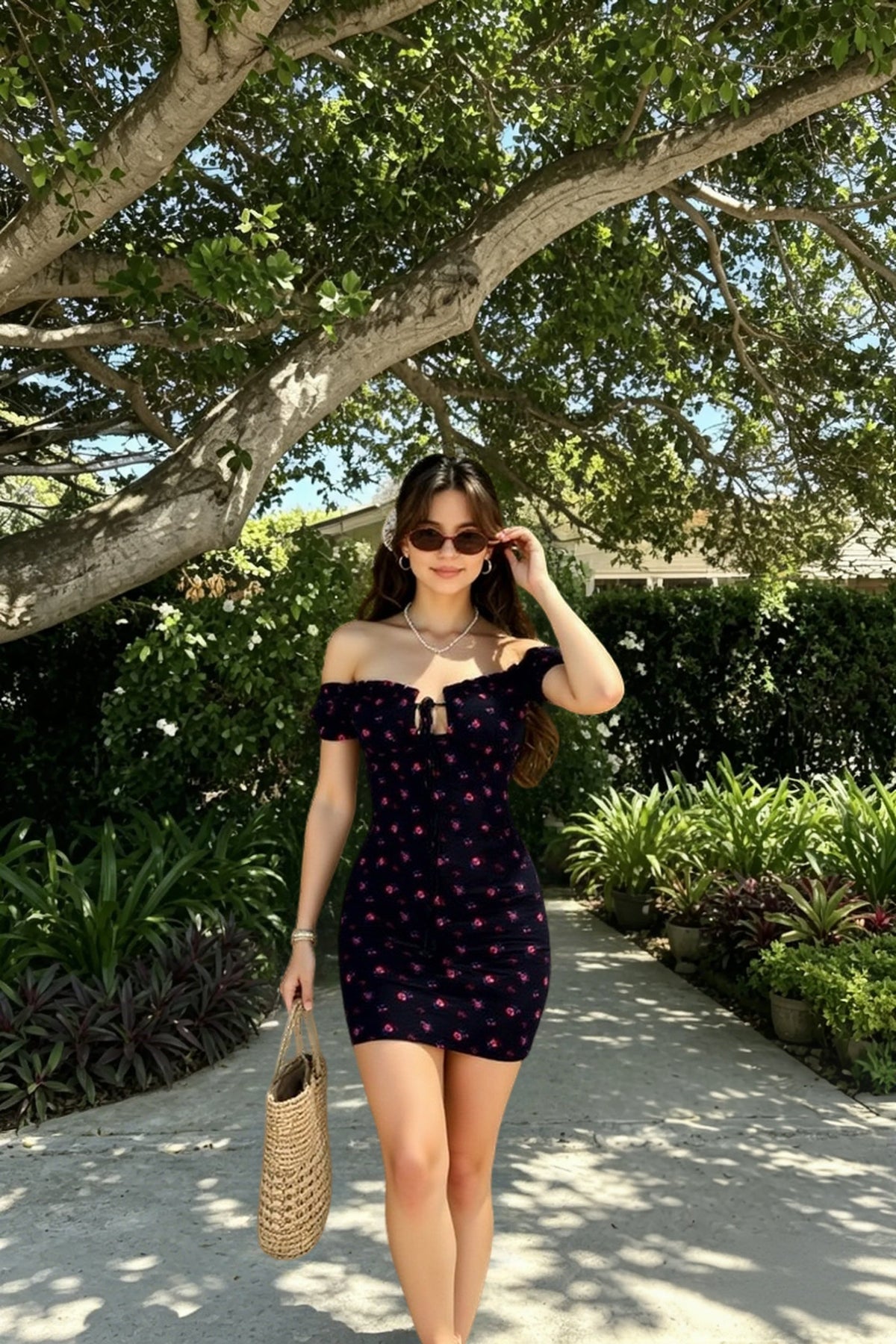 Floral Wrap Off Shoulder Tie Up Front Ruffle Slash Neck Dress