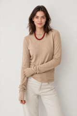 White Crew Neck Knit Panel Long Sleeve Tee