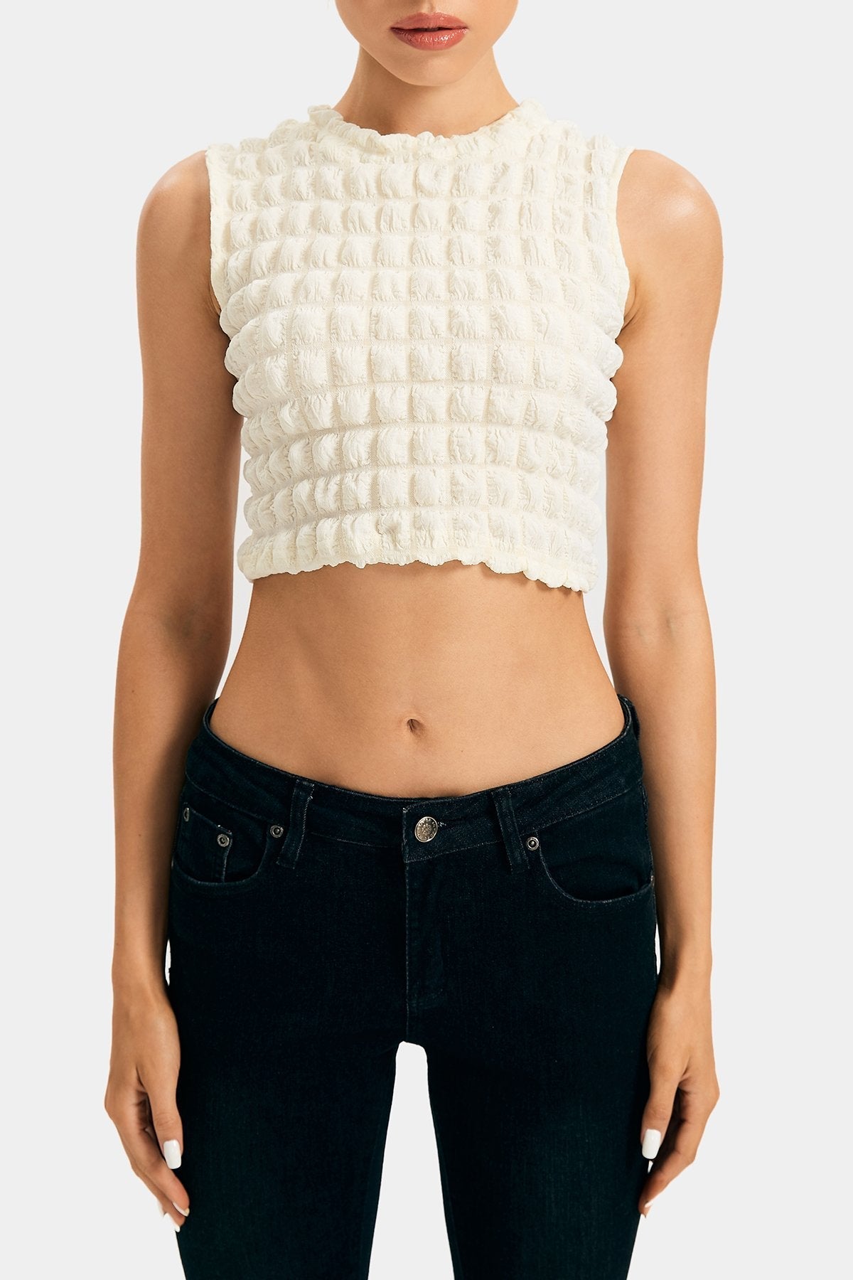 Bubble Textured Lettuce Trim Sleeveless Crop Top