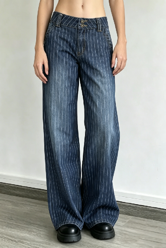 Striped Low Rise Wide Leg Jeans