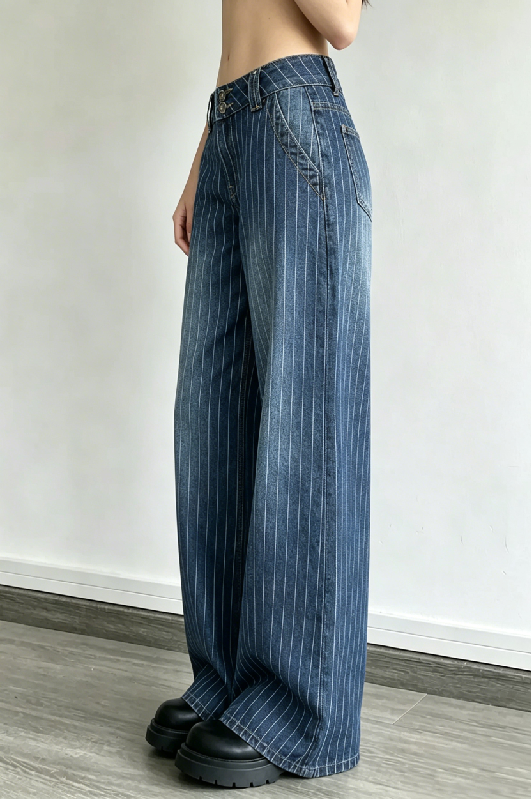 Striped Low Rise Wide Leg Jeans