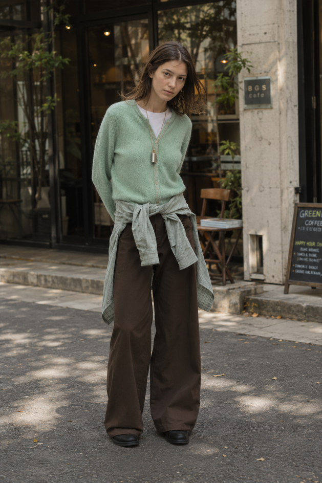 Green Wool Blend Crew Neck Knit Cardigan