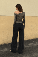 Color-Block Stripe Asymmetrical Neck Long Sleeve Tee