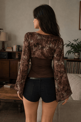 Vintage Floral Print V-neck Slim Sexy Long Sleeve Tee
