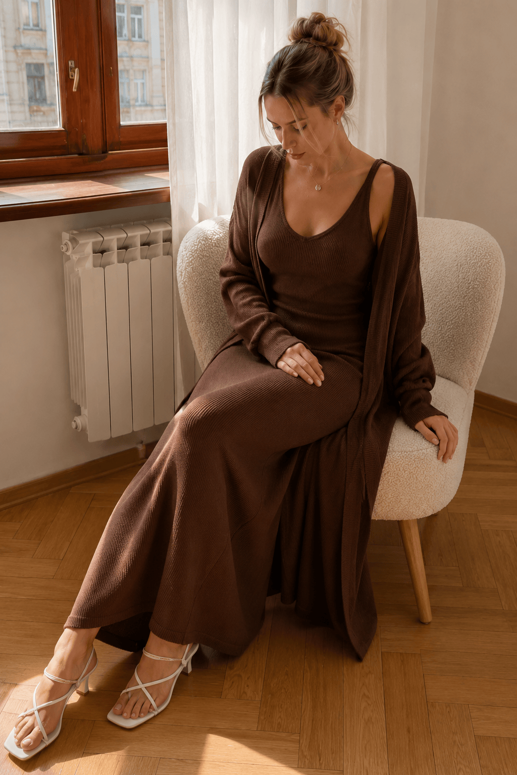 Solid V Neck Cotton Knit Bodycon Two Piece Set