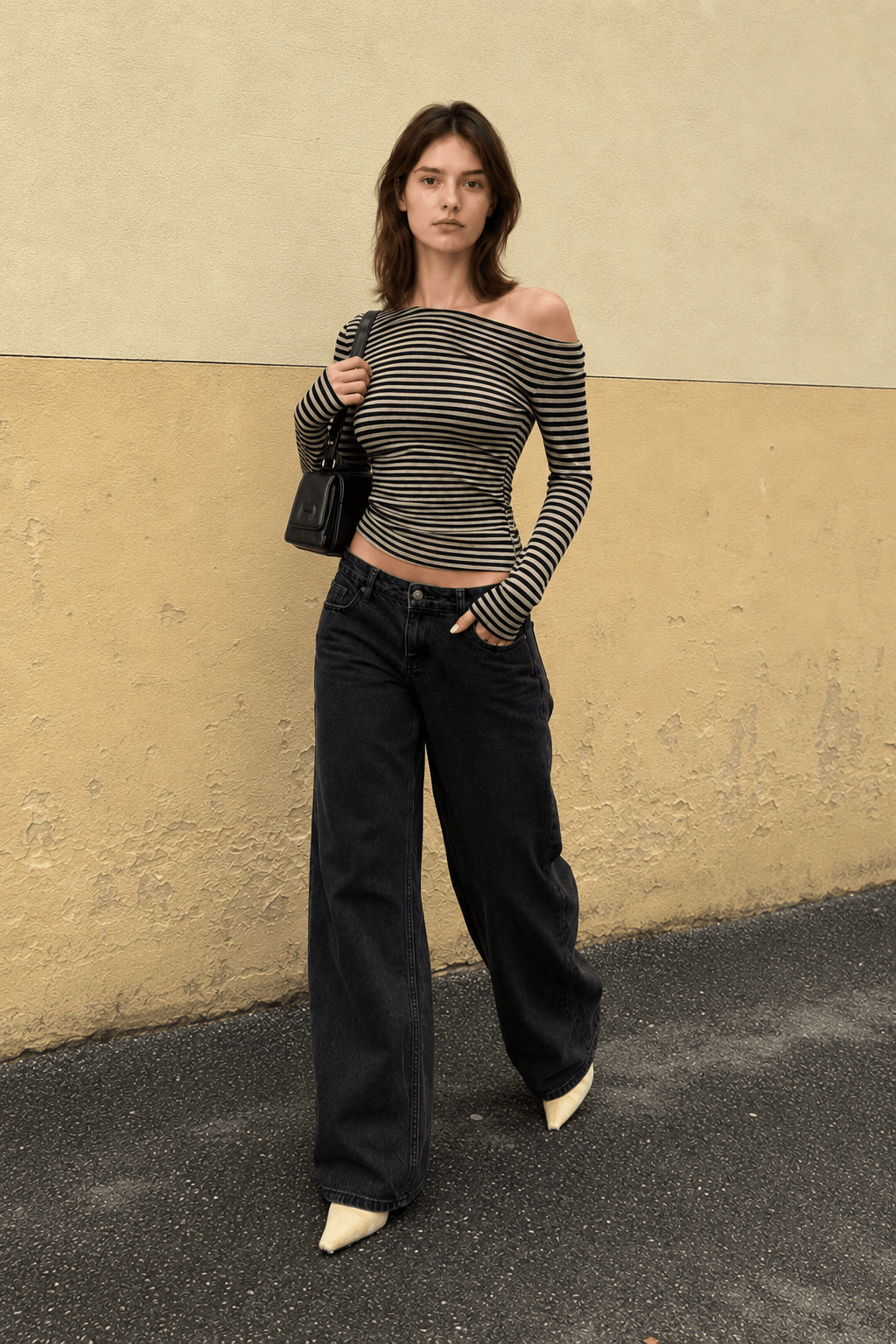 Color-Block Stripe Asymmetrical Neck Long Sleeve Tee