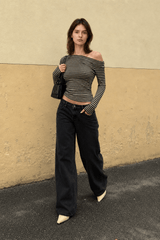 Color-Block Stripe Asymmetrical Neck Long Sleeve Tee