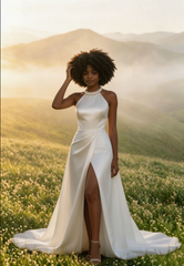 Elegant Satin Halter Train Reception Dress