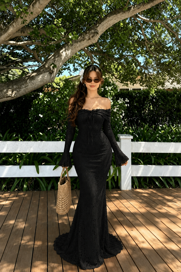 Off Shoulder Lace Flare Sleeve Fitted Train Elegant Maxi Dress