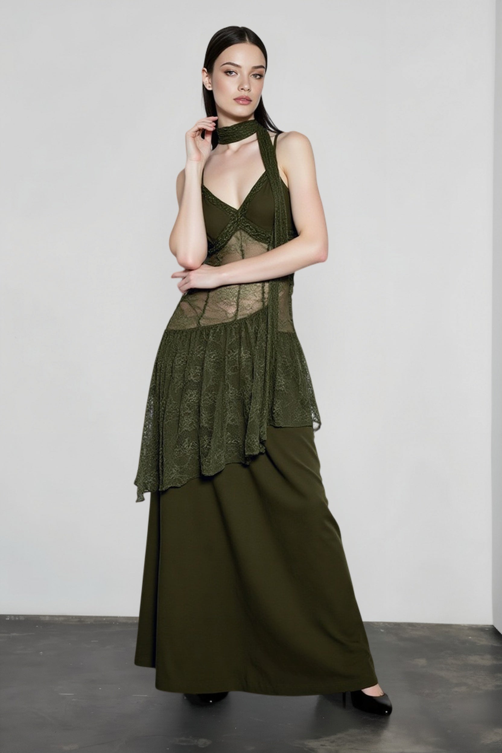 Lace Trim Sheer Waist Tie Cami Maxi Lace Dress
