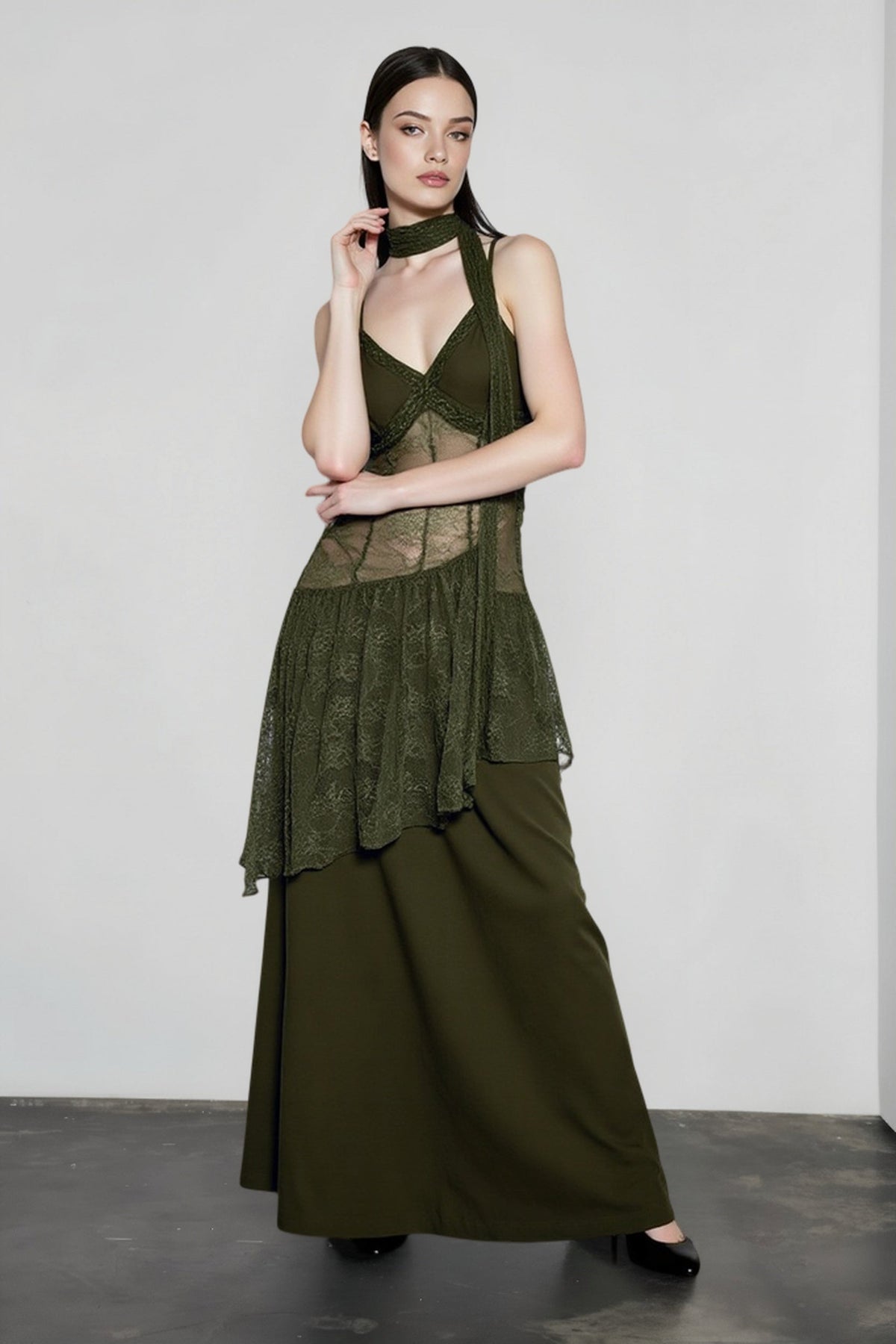 Lace Trim Sheer Waist Tie Cami Maxi Lace Dress