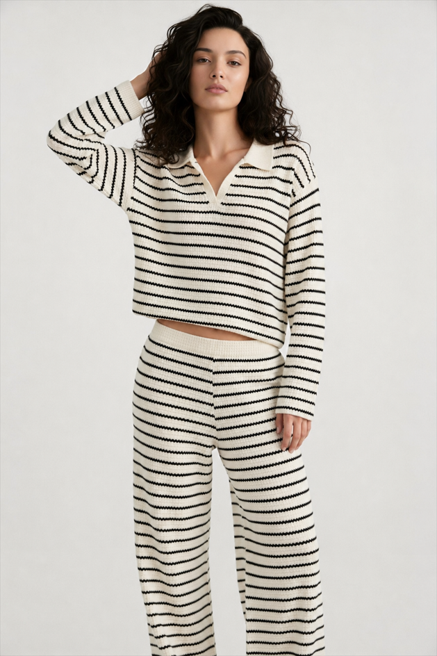 Striped Long Sleeve Pullover Wide Leg Two Piece Set