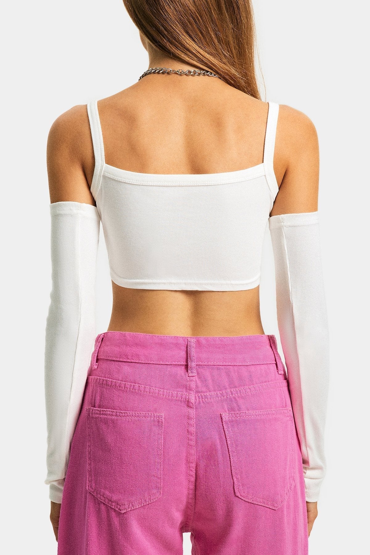 Curved Hem Solid Ribbed Crop Cami Top With Oversleeve