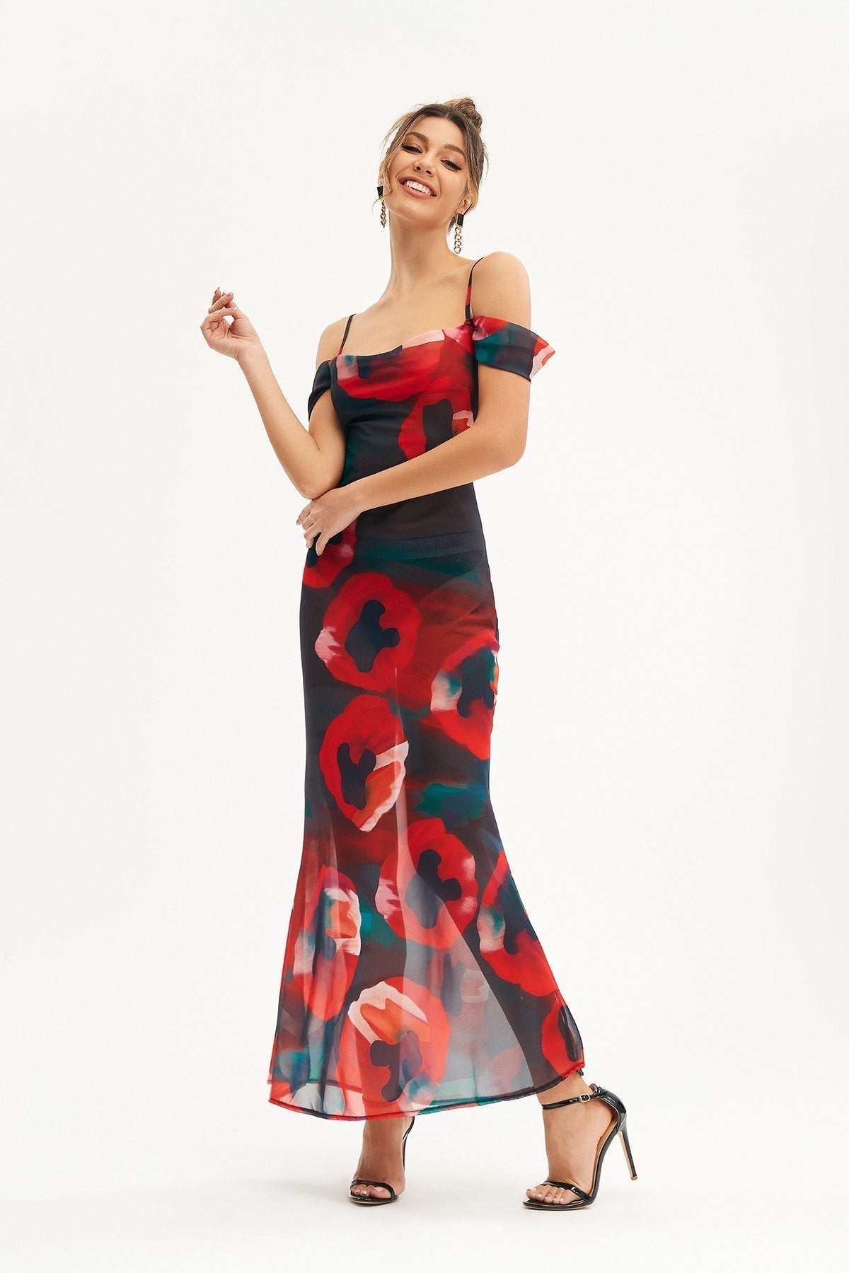 Cold Shoulder Abstract Print Mesh Maxi Dress